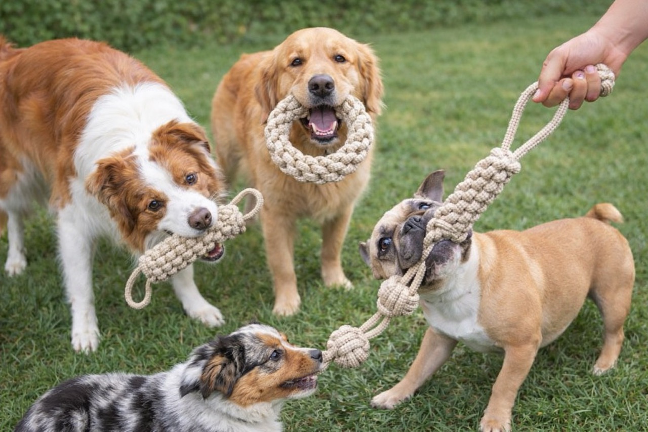 Rescue dogs playing tug-of-war with handmade rope toys on grass